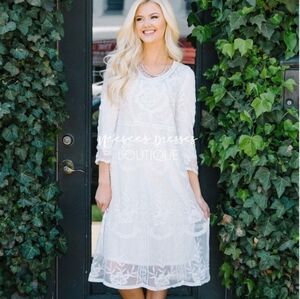 Roolee White Ruffled Midi Lace Dress